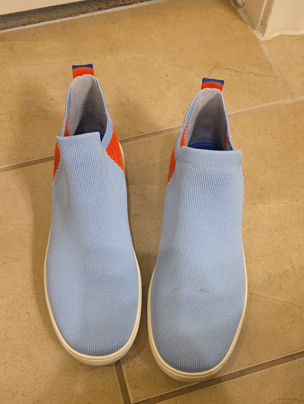 Rothy's Sky Blue and Orange Knit Ankle Slip-Ons
